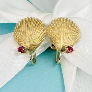 Tiffany Yellow Gold Clam Oyster Shell Earrings with Red Ruby Rubies